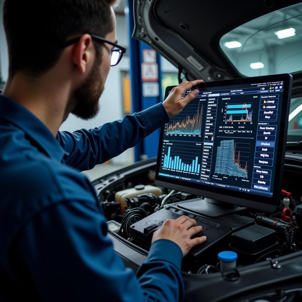 Mechanic Analyzing Engine Data with 2019 Diagnostic Tool