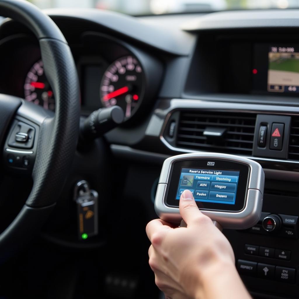 A person uses a car diagnostic tool to reset a service light on a car dashboard