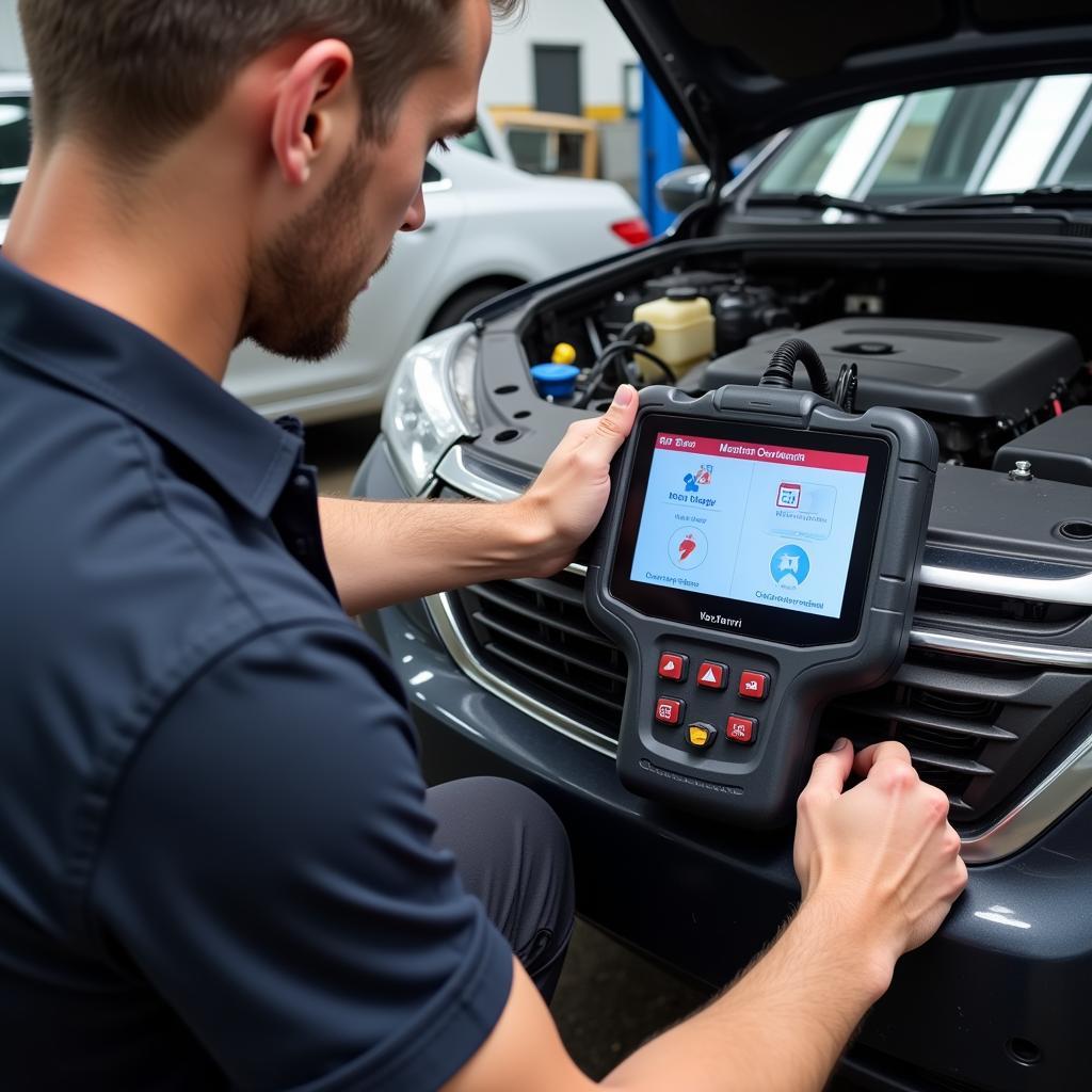 Mechanic Using V309 Car Diagnostic Tool