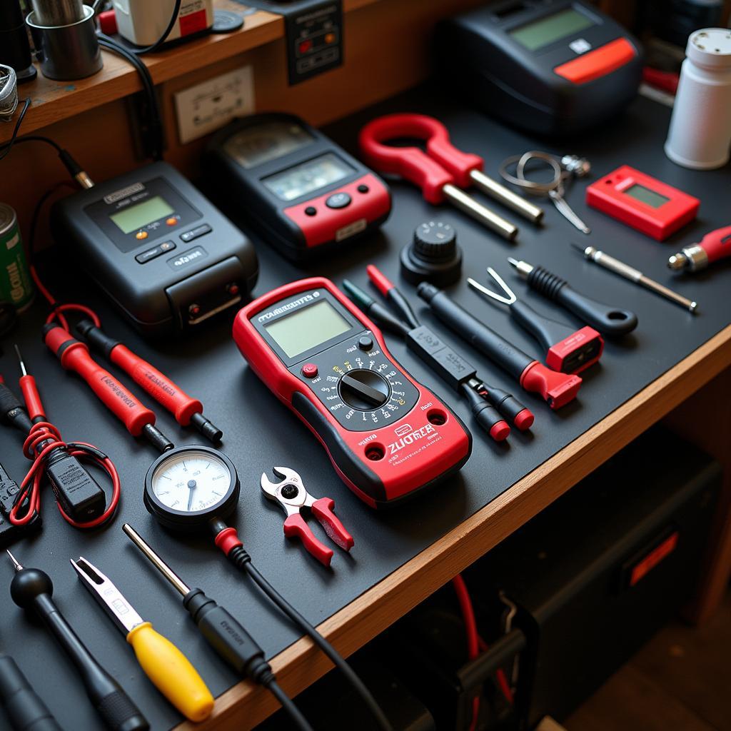 Variety of Diagnostic Car Equipment on a Workbench