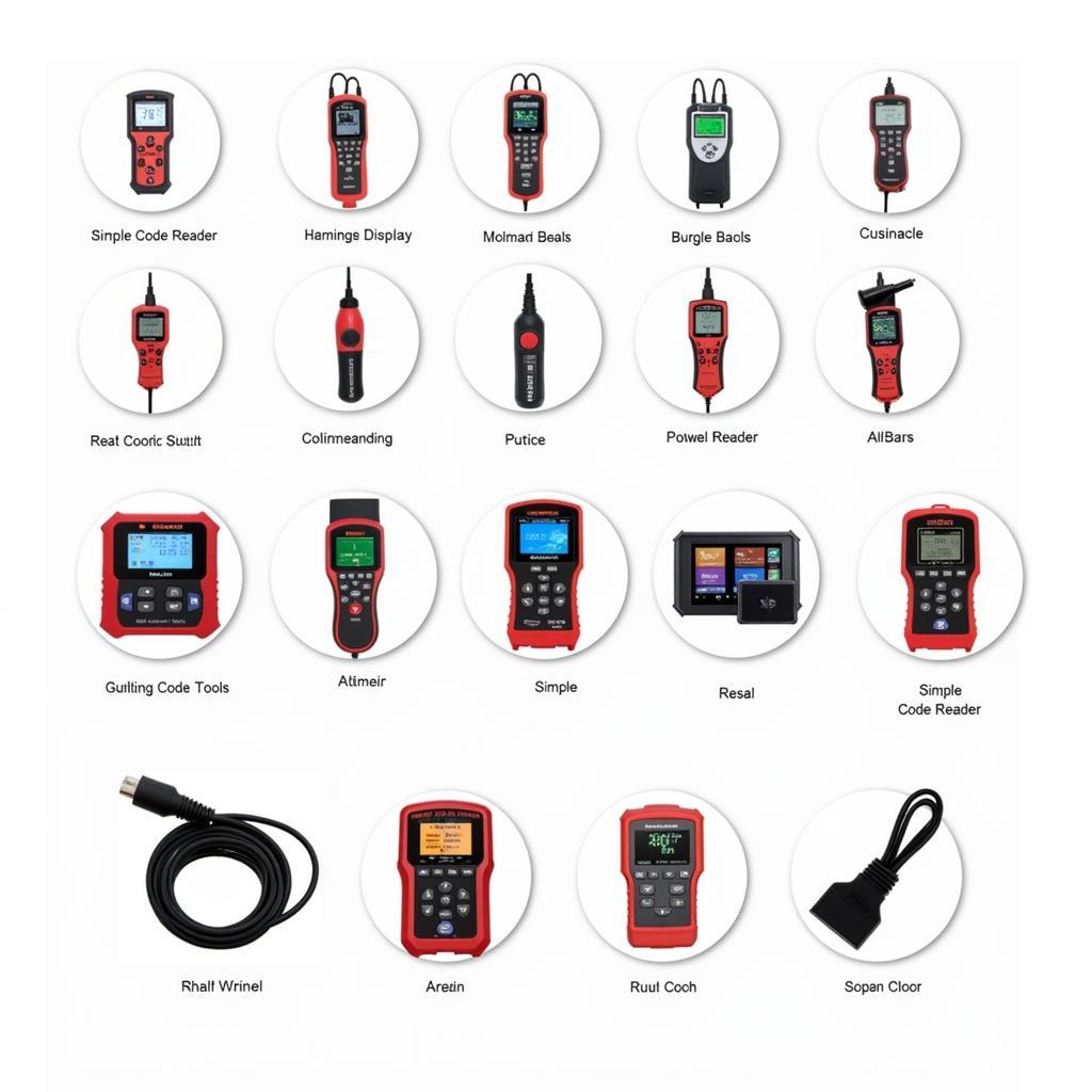 Different types of plug in diagnostic car tools displayed on a table