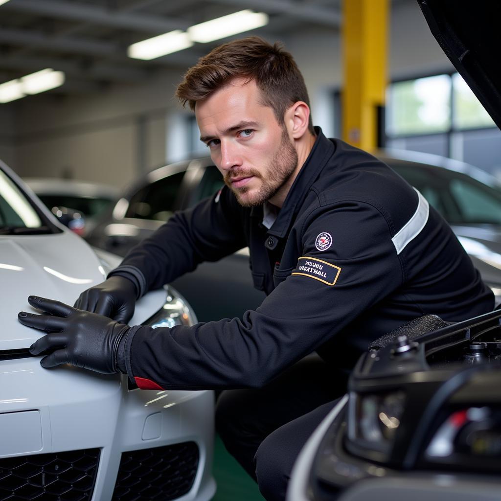 Certified Vauxhall technician working in a garage