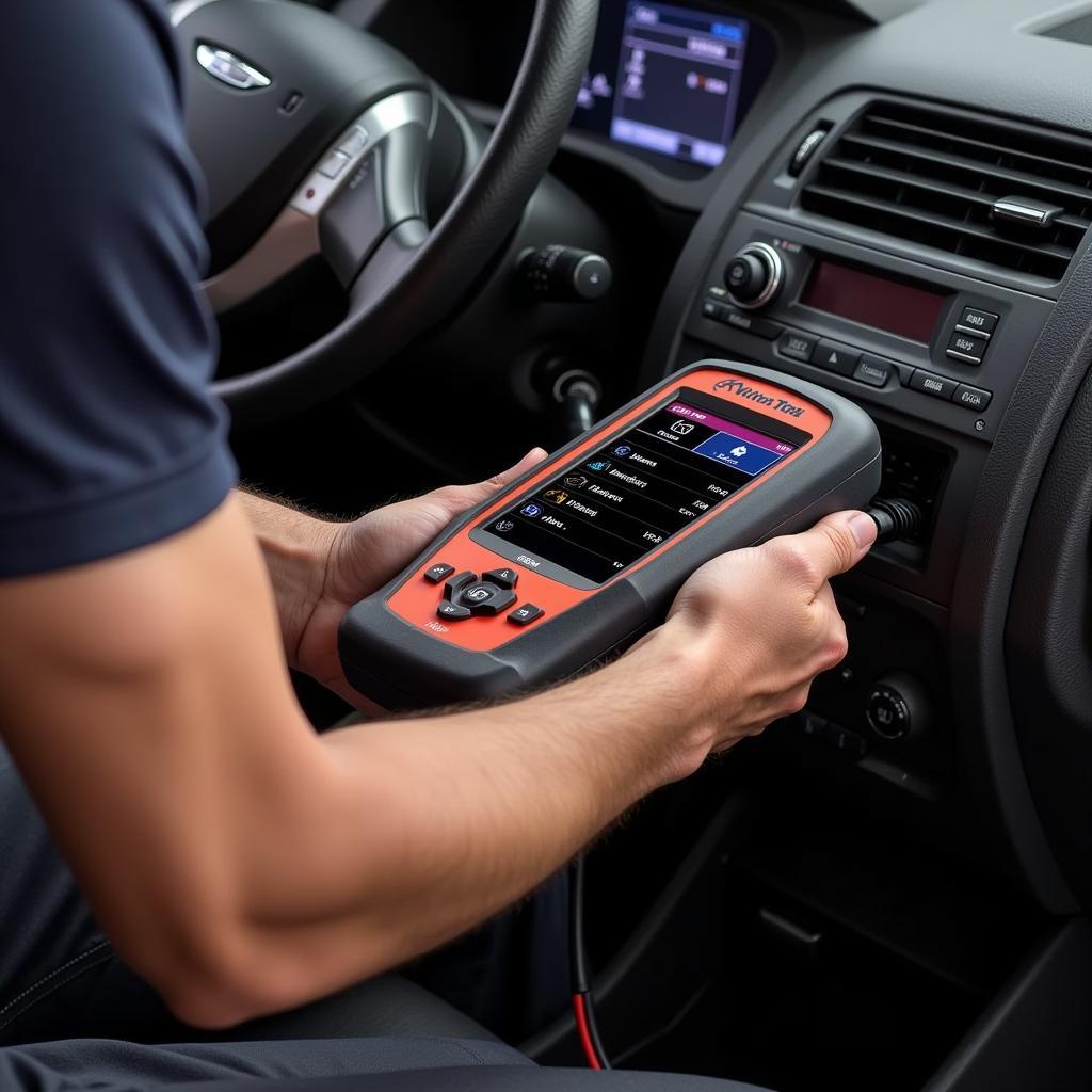 Mechanic using a Victor Tools car diagnostic reader in a garage