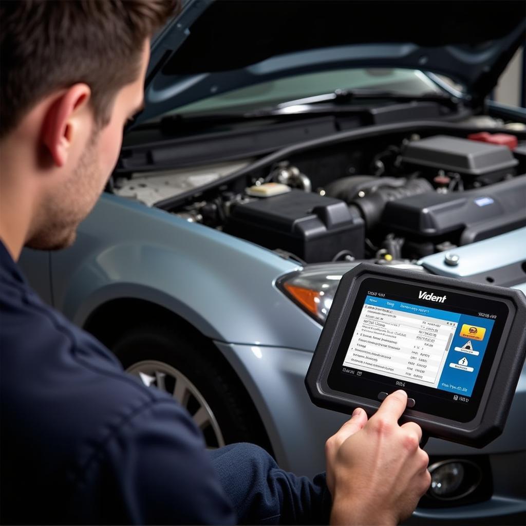 A mechanic using the Vident iEasy300 to diagnose a car problem in a professional setting.