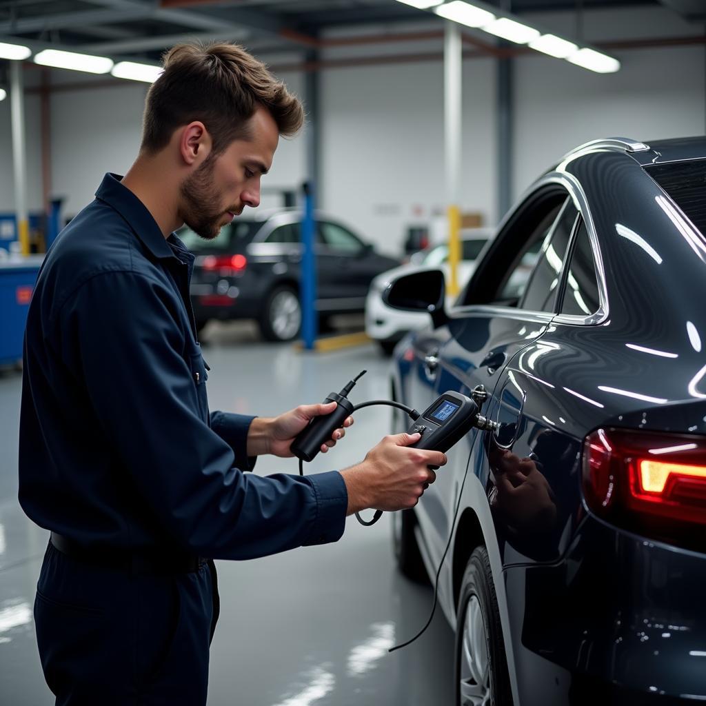 Mechanic using advanced diagnostic tools for a VIP car diagnostic