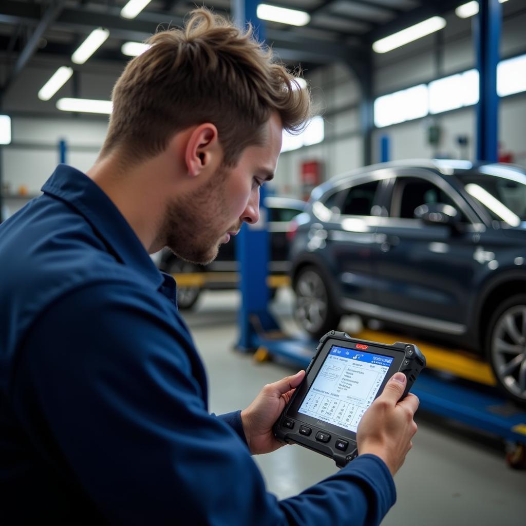 Mechanic Using a VTech Car Diagnostic Scanner