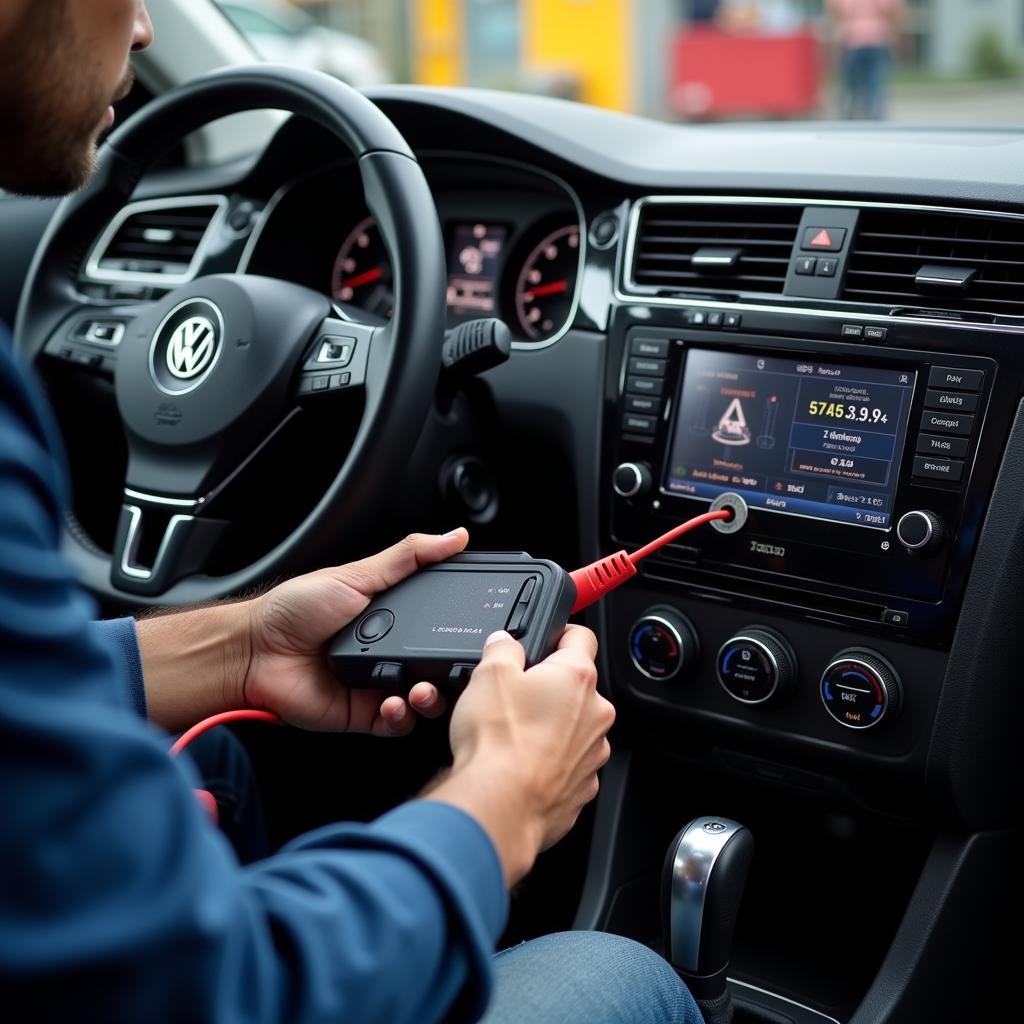 Mechanic using a VW/Audi car diagnostic tool on a vehicle