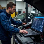 Mechanic using diagnostic equipment in a West Wickham garage