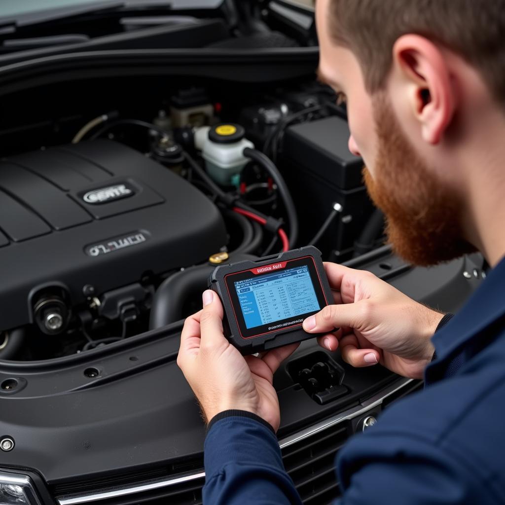 Mechanic using a WiFi car diagnostic tool to analyze engine data in a garage.