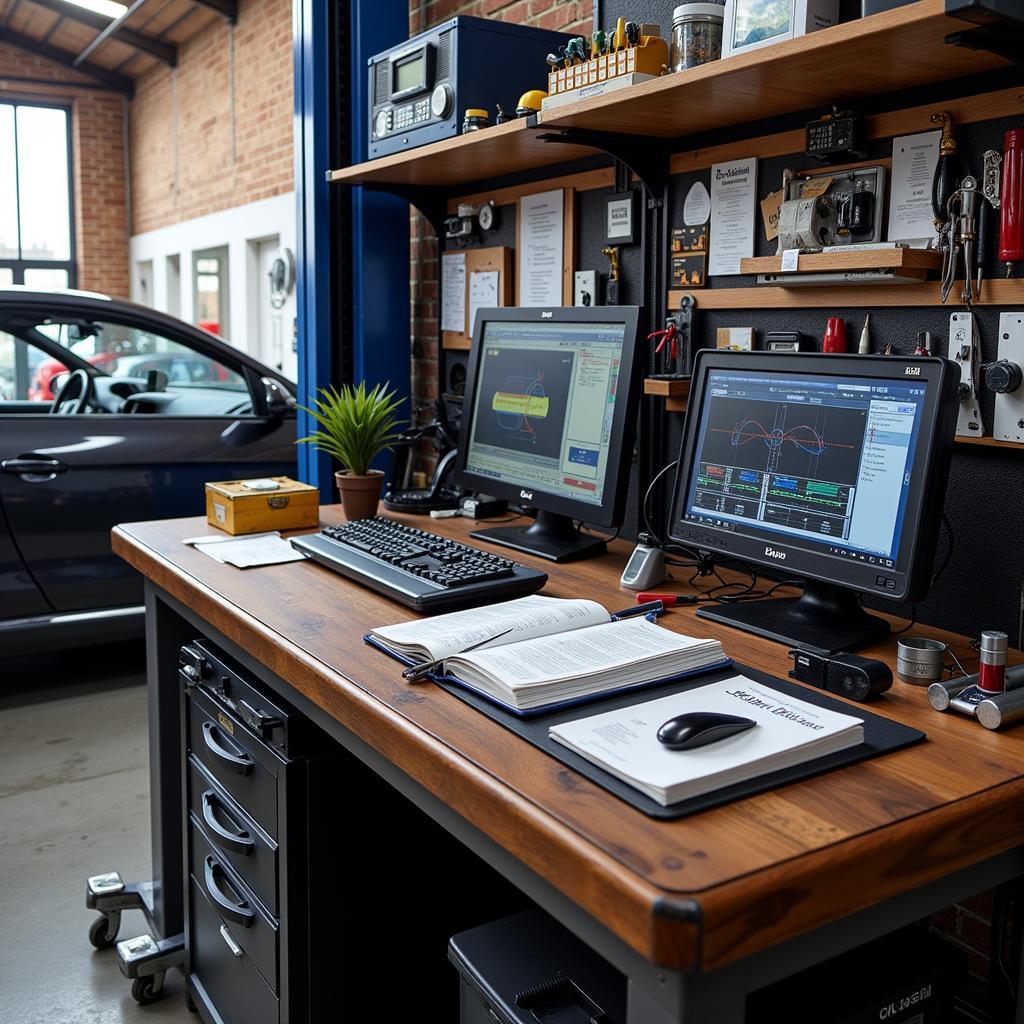 State-of-the-art diagnostic equipment in a Wiltshire garage specializing in prestige cars