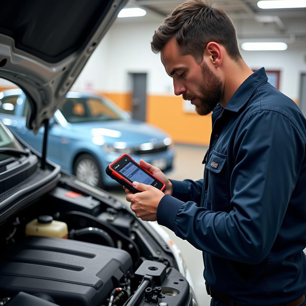 Mechanic using a wireless car diagnostic tool