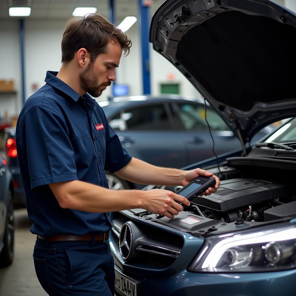 Mechanic using Wohooh diagnostic tool