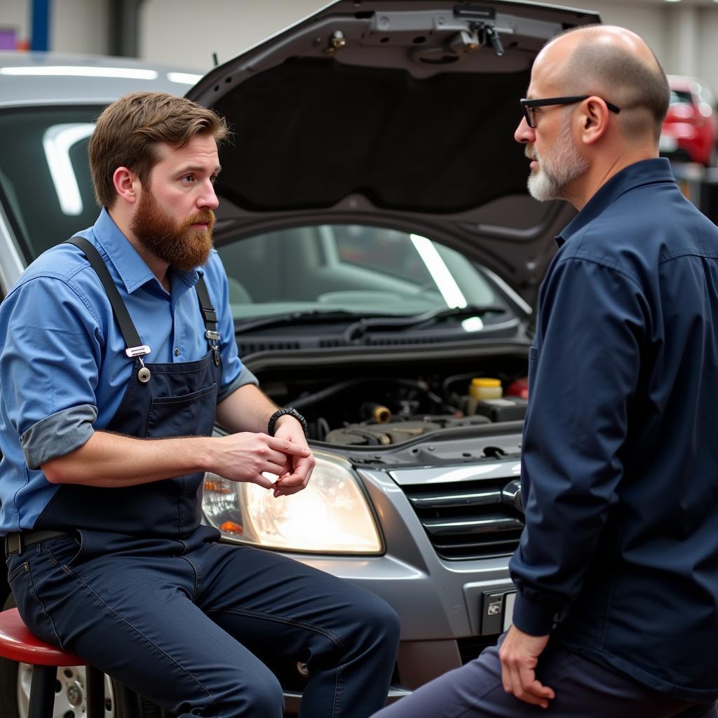 Mechanic in Wrexham explaining car diagnostics to a customer