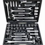 Assortment of sockets and wrenches in a 120-piece car maintenance tool set