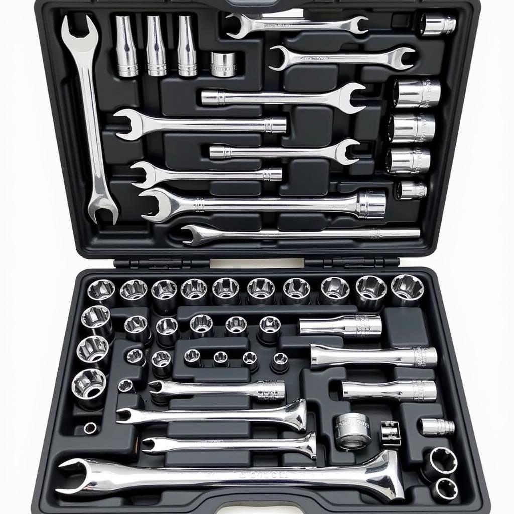 Assortment of sockets and wrenches in a 120-piece car maintenance tool set