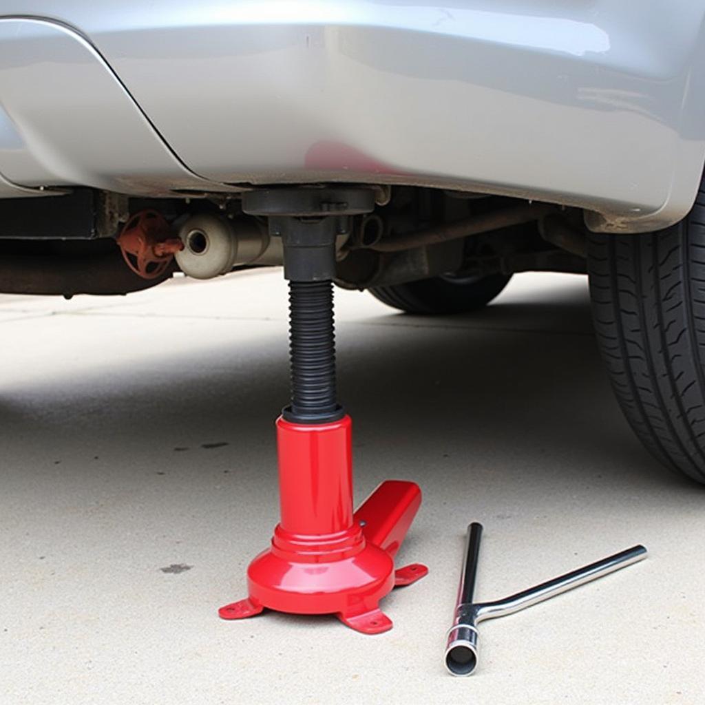 A 4-ton hydraulic bottle jack lifting a car for a tire change