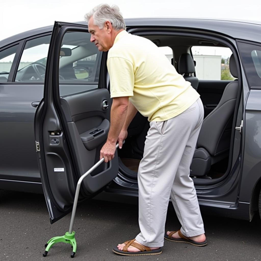 Elderly person using a car exit tool for support