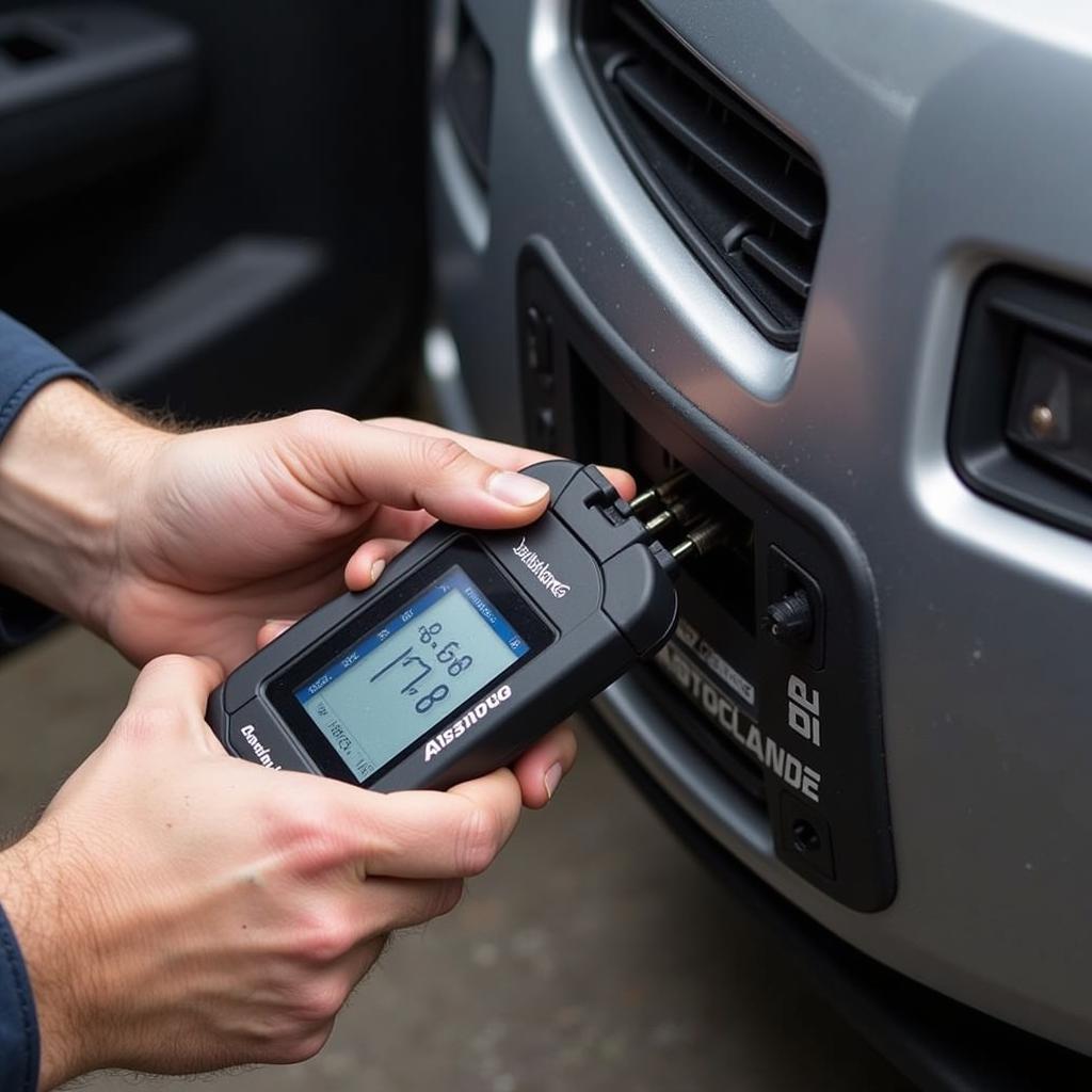 Mechanic Connecting the Absolute Total Care Auth Tool to a Vehicle's OBD-II Port