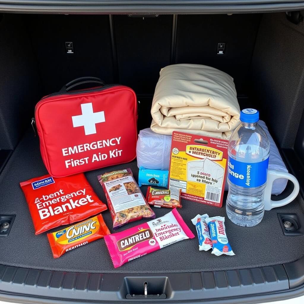 Additional car emergency supplies like first-aid kit, blanket, water, and food