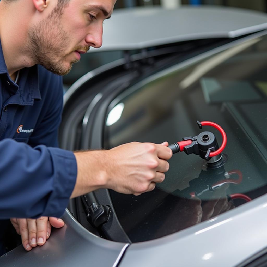 A person using a car window washer adjust tool to adjust the spray direction of a windshield washer nozzle.