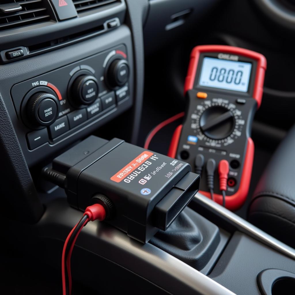 Advanced car diagnostic tools, including an OBD-II scanner and a multimeter.