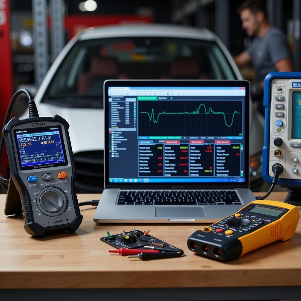 Advanced Car Diagnostic Tools: An array of diagnostic tools, including an OBD-II scanner, multimeter, and oscilloscope, displayed on a workbench next to a laptop showing diagnostic software.