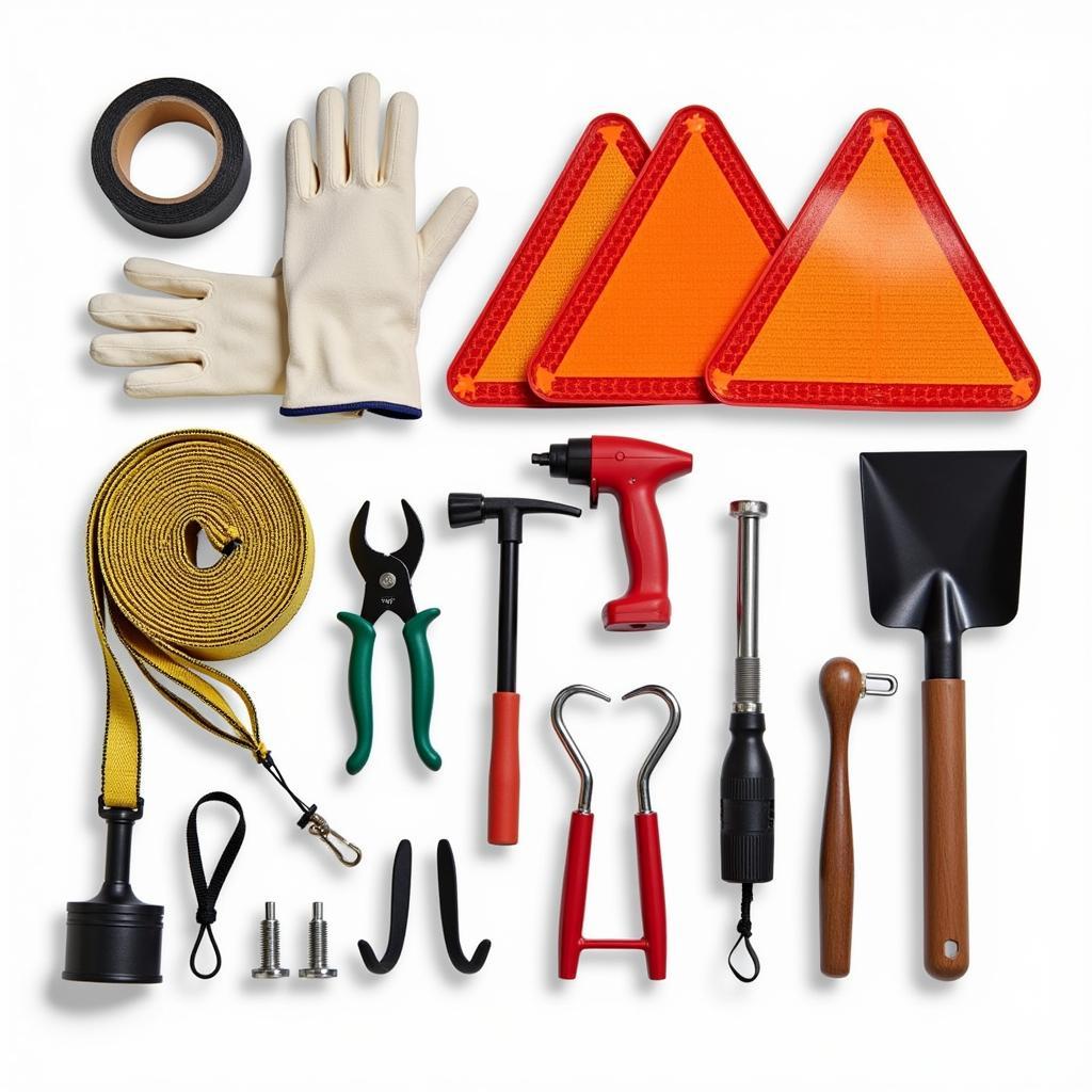 Advanced Car Tool Kit Including Duct Tape, Work Gloves, Reflective Triangles, Tow Strap, and More