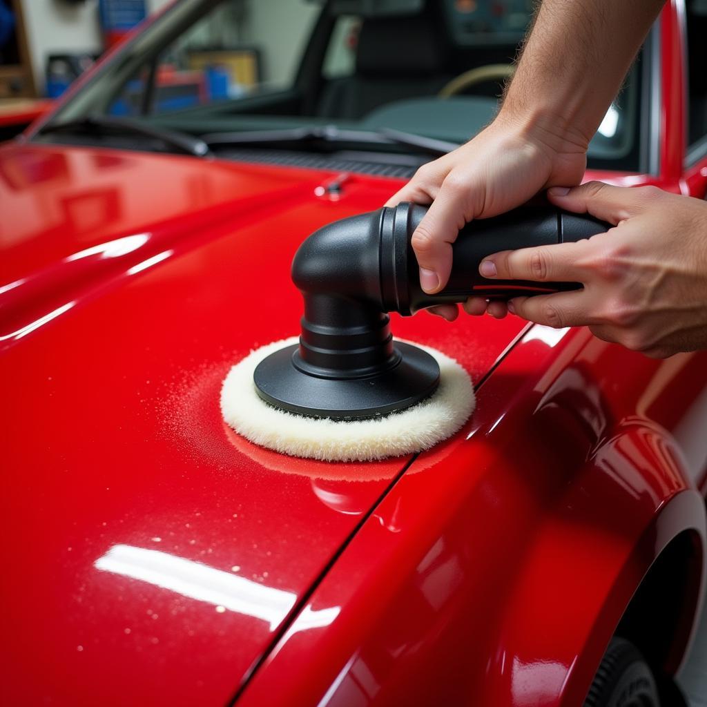 Air tool car polisher being used on a car hood