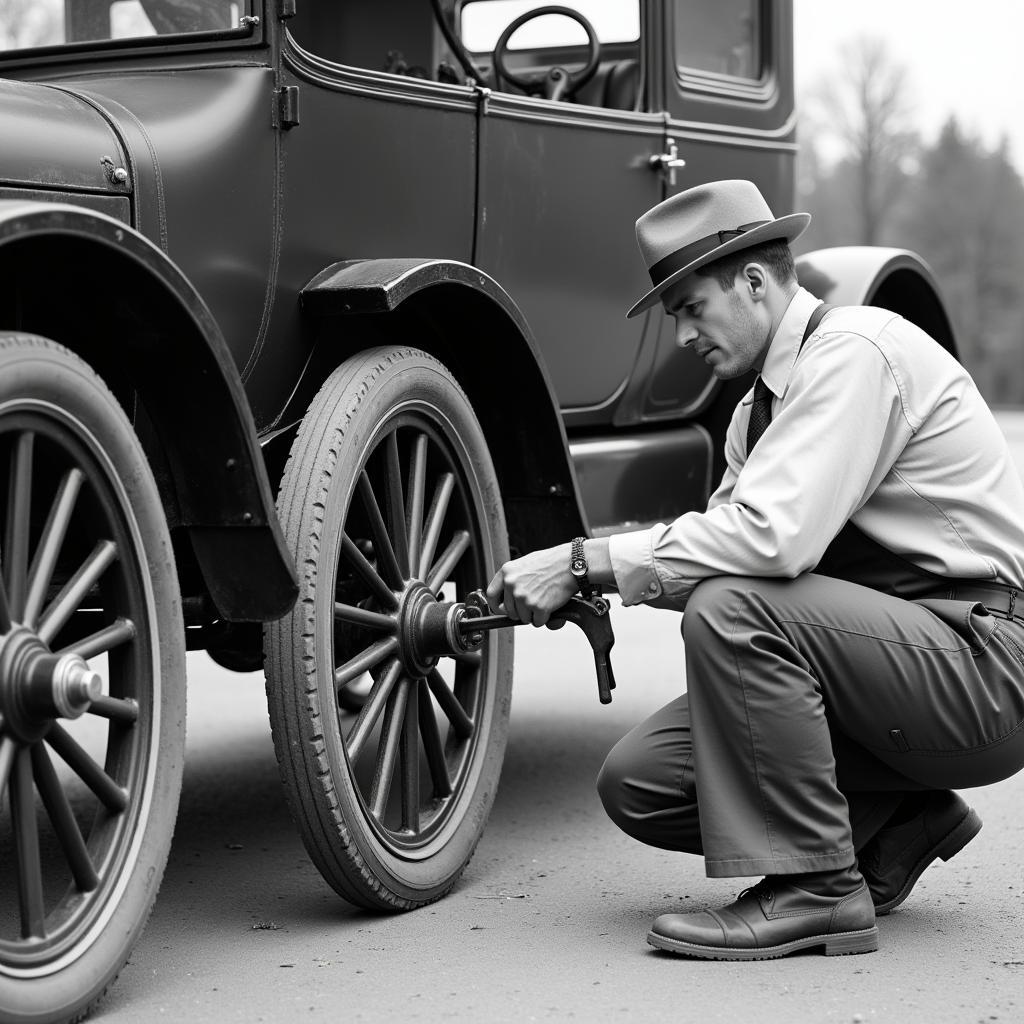 Early Car Tire Repair with a Roller Tool