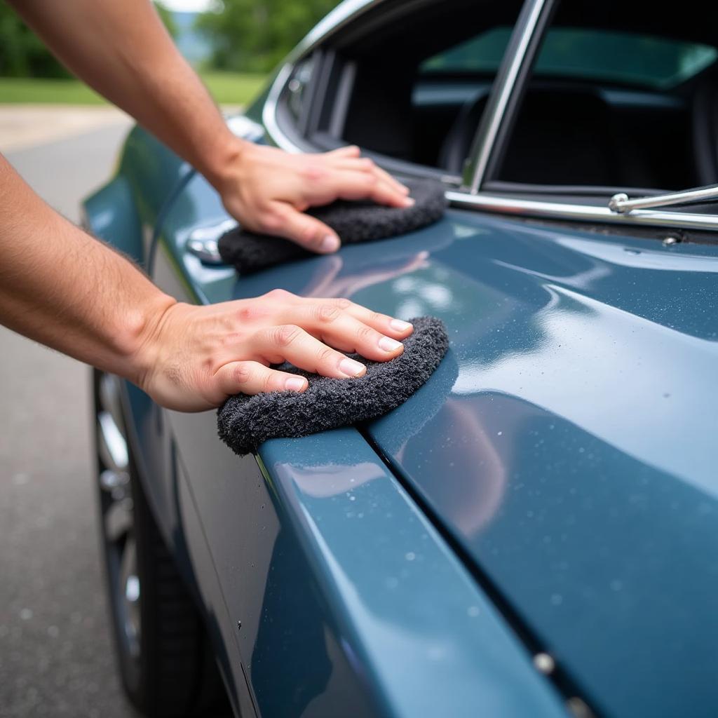 Applying car wax to protect restored paint