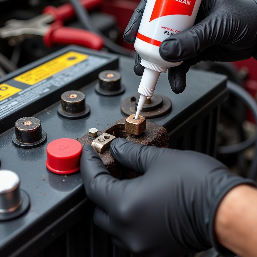 Applying Dielectric Grease to a Car Battery Terminal