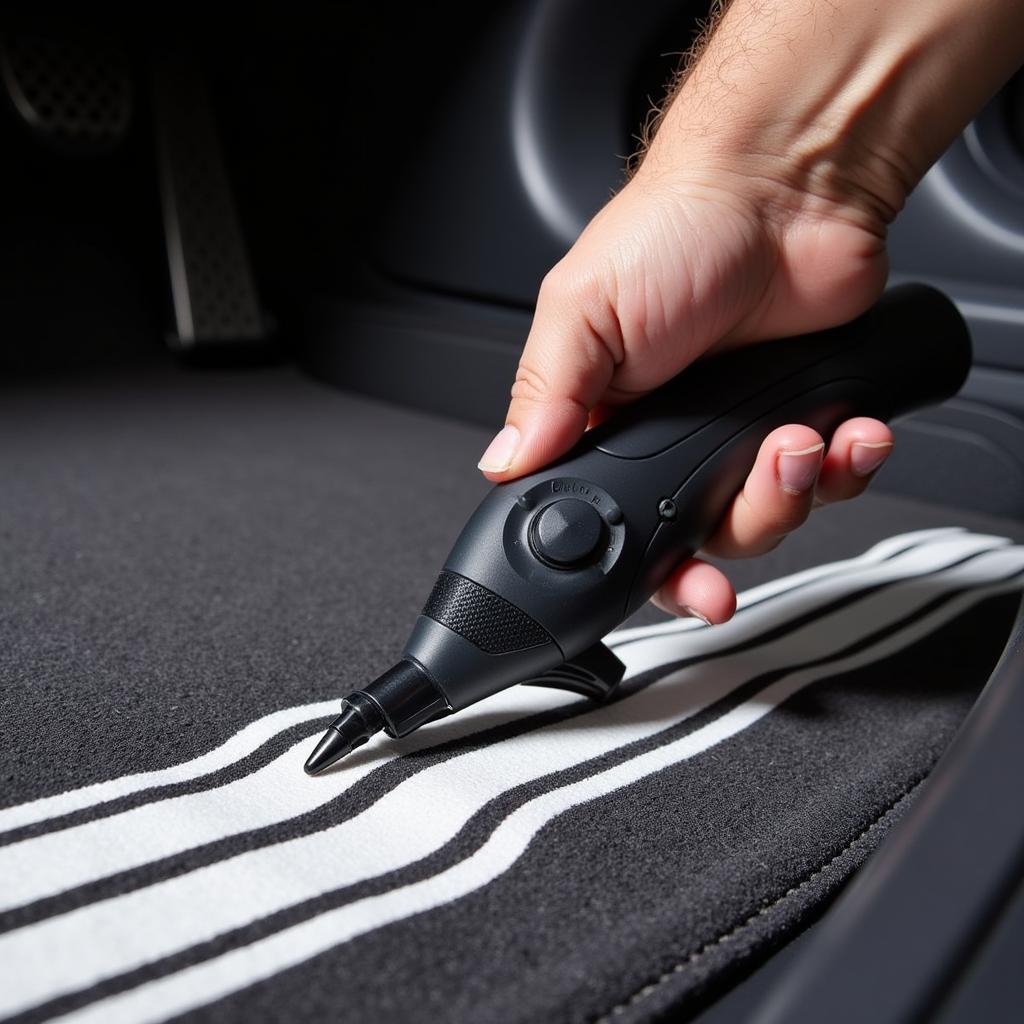 Applying a stripe to a car mat using a specialized tool