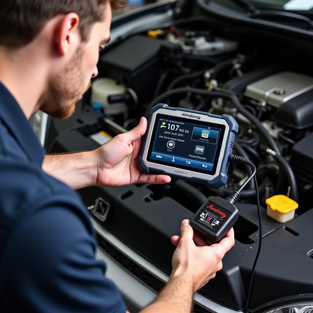 Mechanic Using Armstrong Diagnostic Tool on a Car