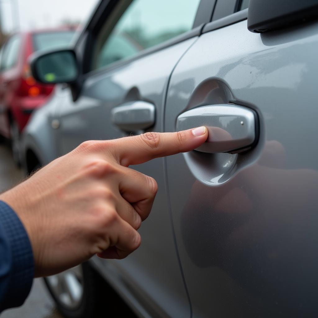 Assessing Car Dent Damage: Close-up view of a person inspecting a dent on a car door.