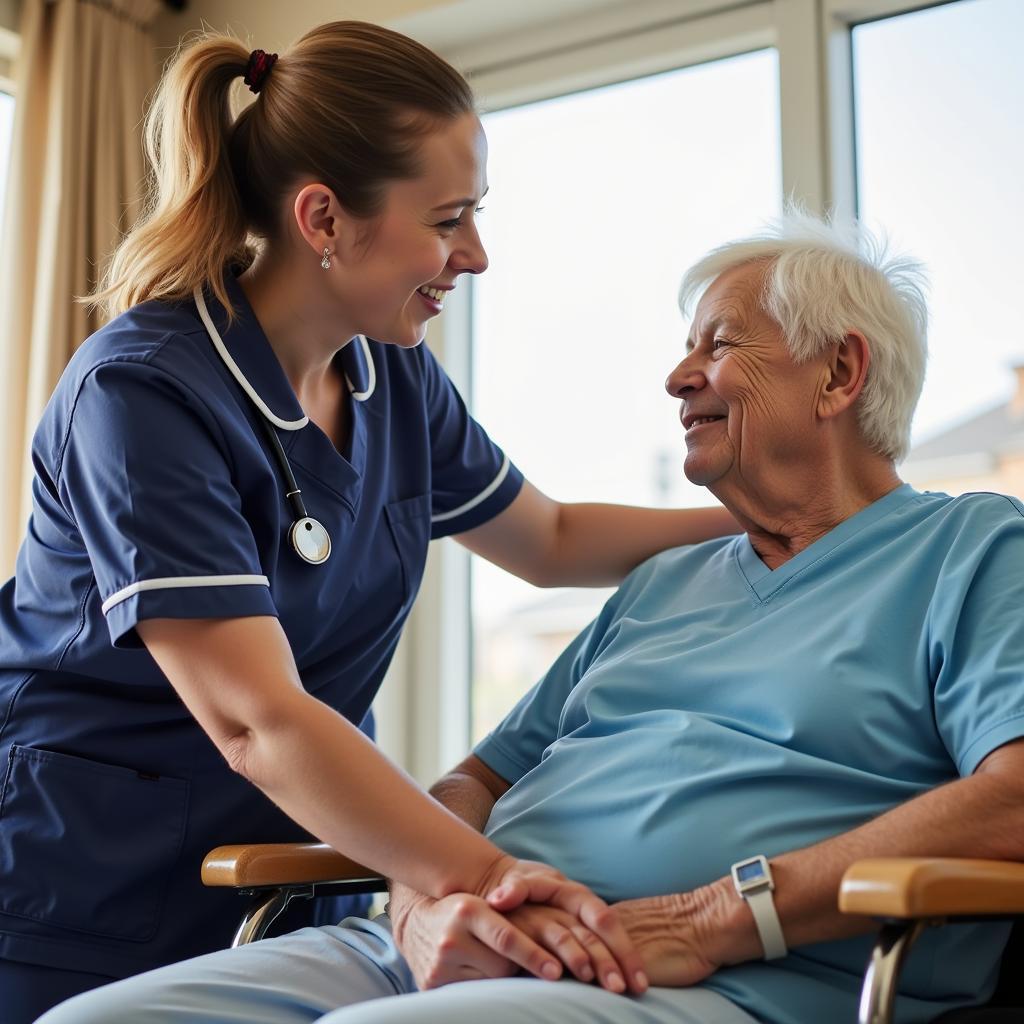 A nurse assessing the continence needs of an elderly resident in an aged care facility.