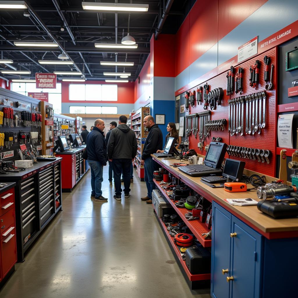 Auto parts store tool rental counter with a variety of tools available for rent.