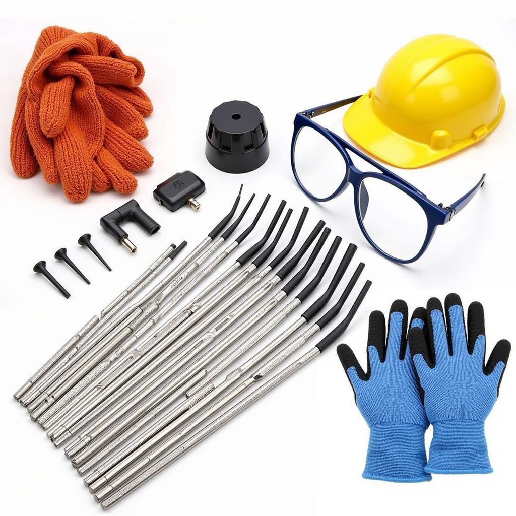 A set of automotive chisels arranged with safety glasses and gloves, emphasizing safe practices