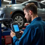 Mechanic using diagnostic tools on a car engine