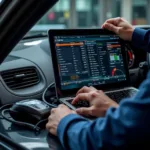 Automotive Technician Using Diagnostic Software on Laptop