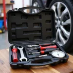 Basic car care tool kit including wrench, screwdriver, pliers and tire pressure gauge