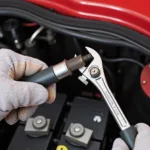 Battery terminal wrench and gloves for safe car battery disconnection