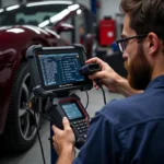 Professional Mechanic Using a High-End Scan Tool on a European Car