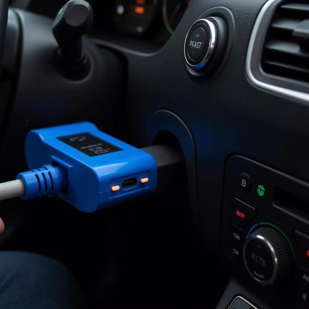 Blue Car Scan Tool Connected to OBD2 Port