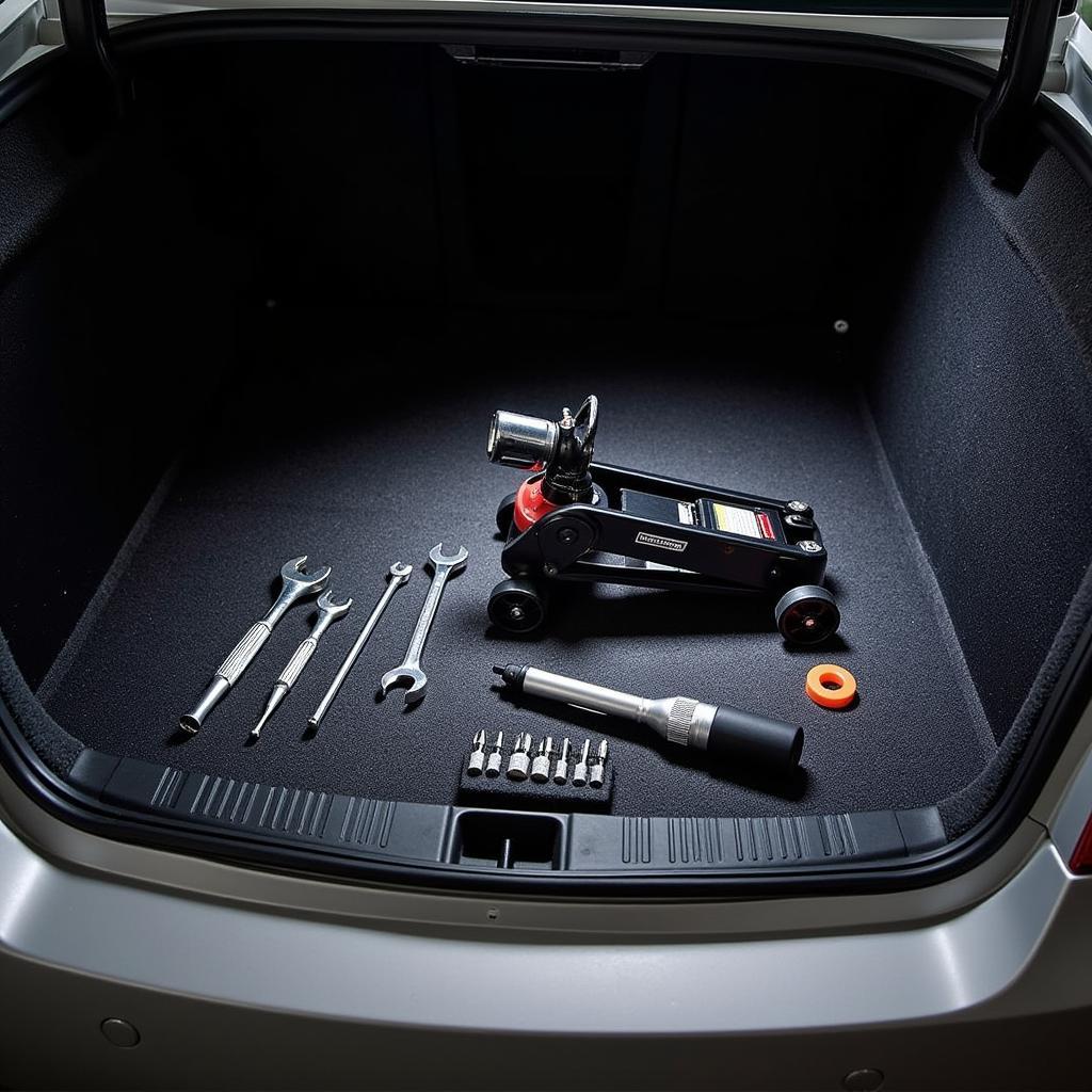 BMW 335is Standard Equipment: A close-up view of the basic toolkit typically included with a BMW 335is, highlighting the jack, lug wrench, and a few basic hand tools.