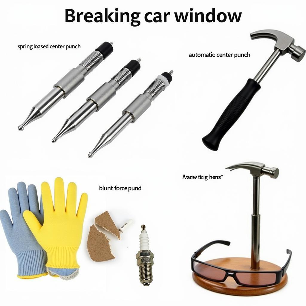 Car Window Breaking Tools: Spring-Loaded Center Punch, Automatic Center Punch, Hammer, Spark Plug