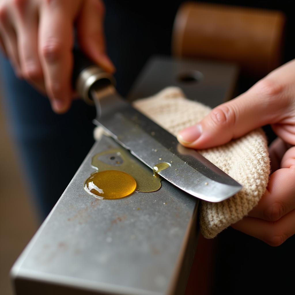 Camellia oil being applied to a chisel to prevent rust and corrosion.