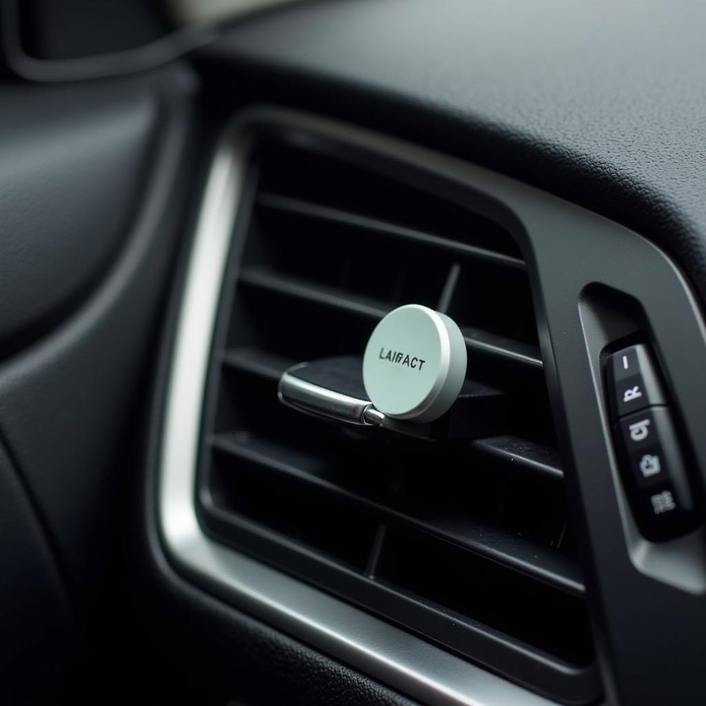 Car air vent with an attached fragrance clip.