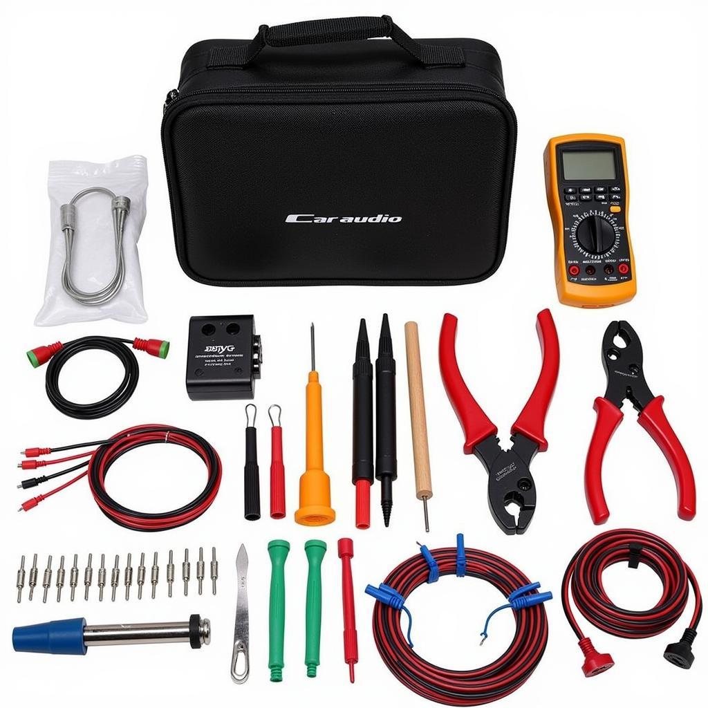 Complete car audio wiring kit with essential tools for installation.