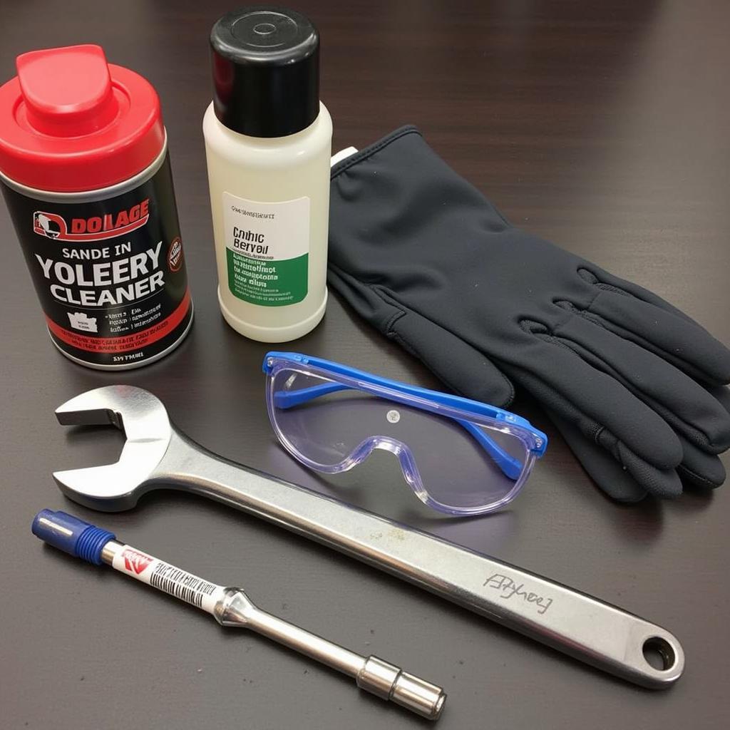 Car battery replacement tools laid out on a workbench