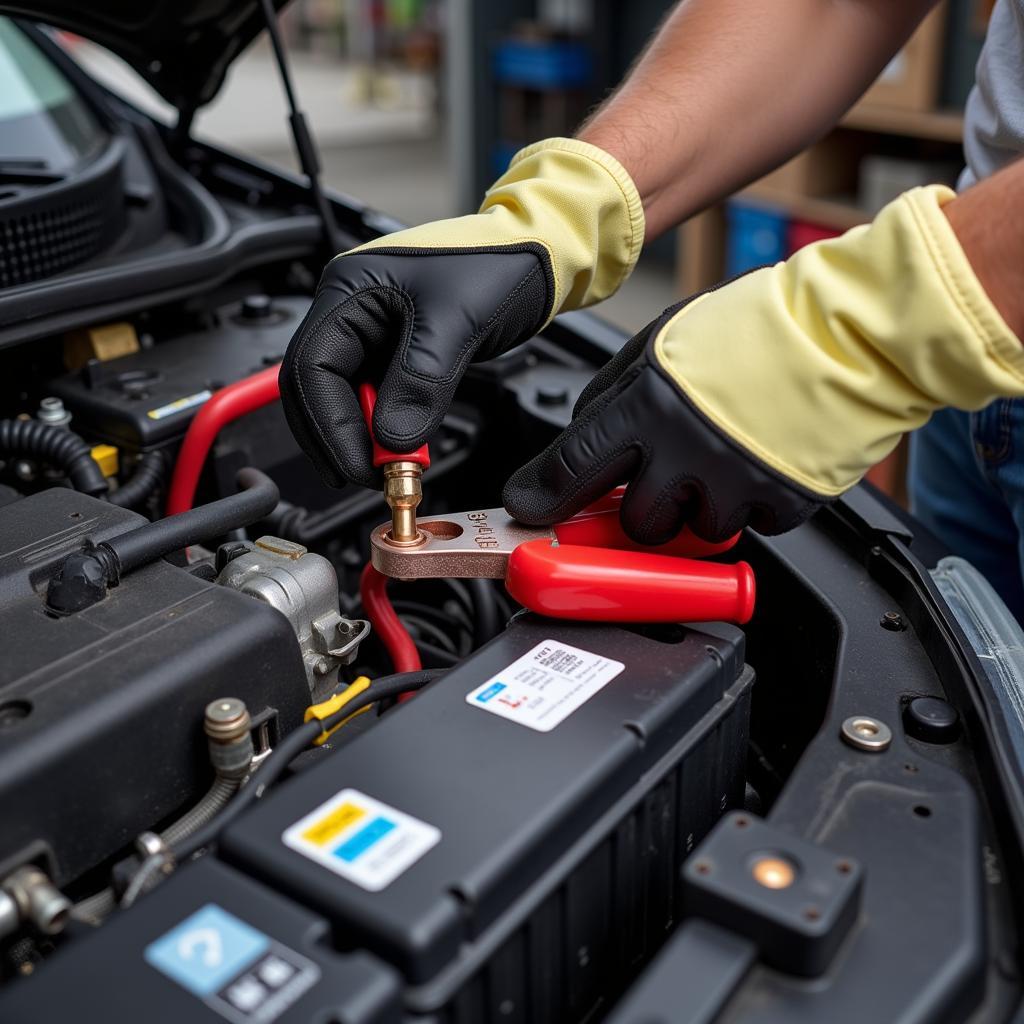 Wearing safety gloves and glasses while replacing car battery